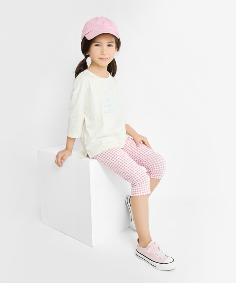 彈力格紋七分內搭褲-童