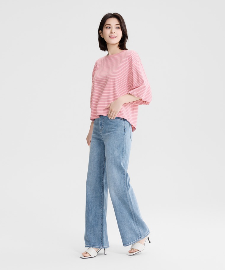 純棉條紋開衩五分袖上衣-女