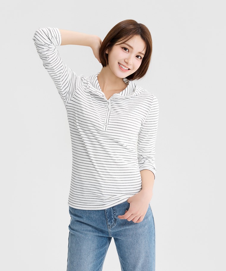 磨毛羅紋半開襟條紋連帽上衣-女