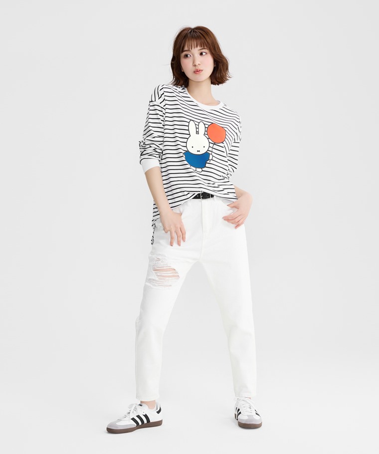 Miffy寬長版條紋長袖印花T恤-02-女