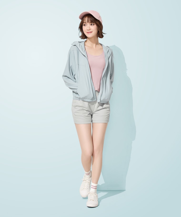 涼感抗UV機能寬短版連帽外套-女