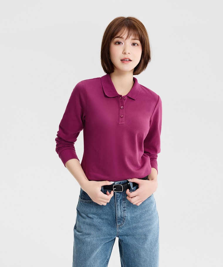 棉質彈性長袖polo衫-女