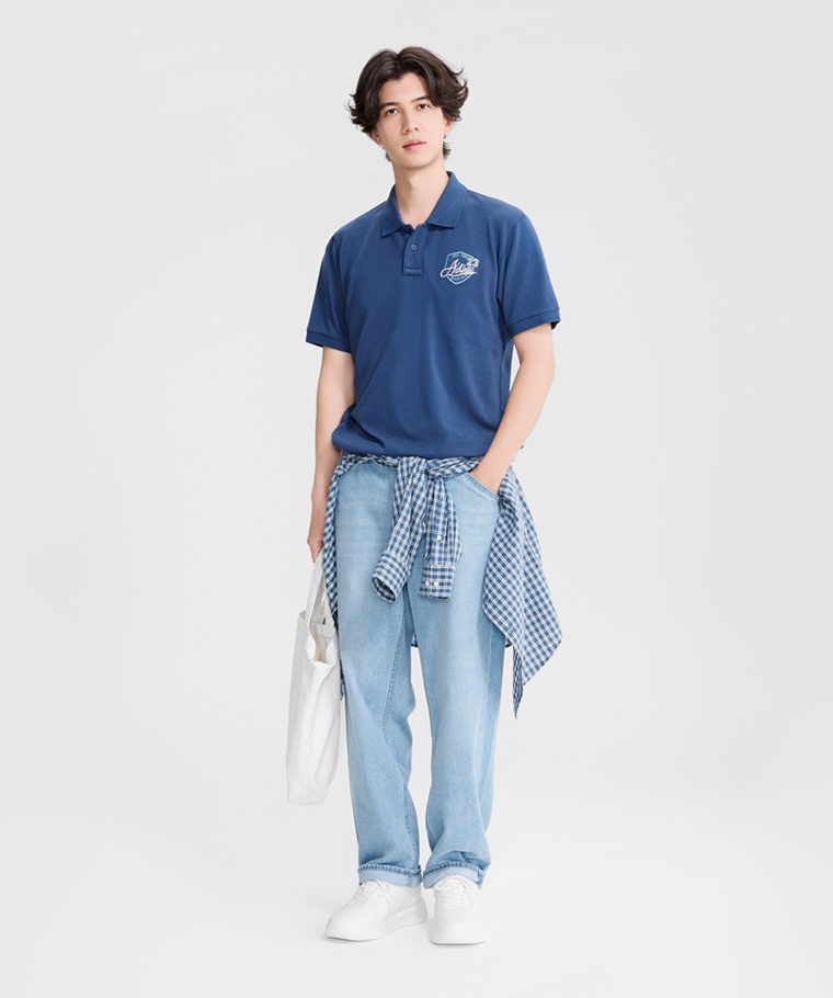 春夏男裝新品：男 · 純棉網眼徽章polo衫,男 · 格紋長袖襯衫,男 · 寬版牛仔褲