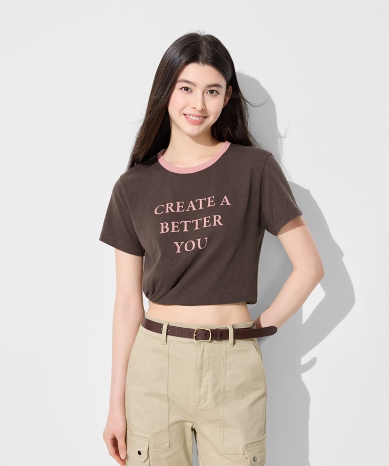 竹節棉配色文字T恤-女