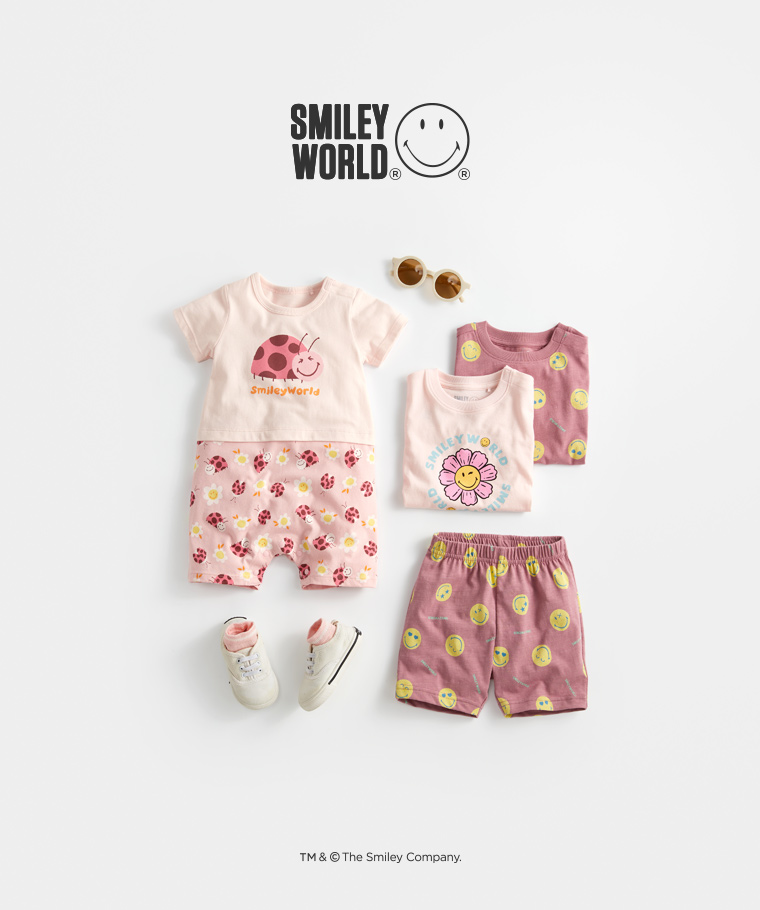 春夏嬰幼兒新品：Baby · SmileyWorld®印花T恤-05,Baby · SmileyWorld®竹節棉印花T恤,Baby · SmileyWorld®竹節棉印花短褲,Baby · 多色踝襪(3入),Baby · SmileyWorld®純棉假兩件印花連身衣