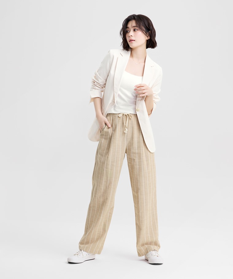 亞麻混紡條紋輕便長褲-女