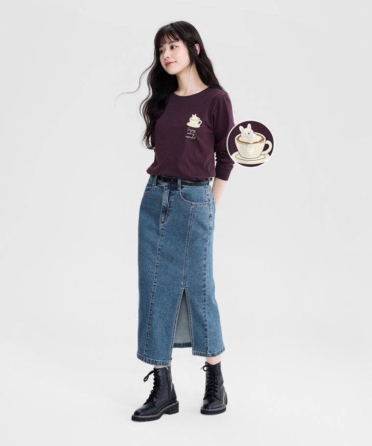 暖暖咖啡長袖印花T恤-女