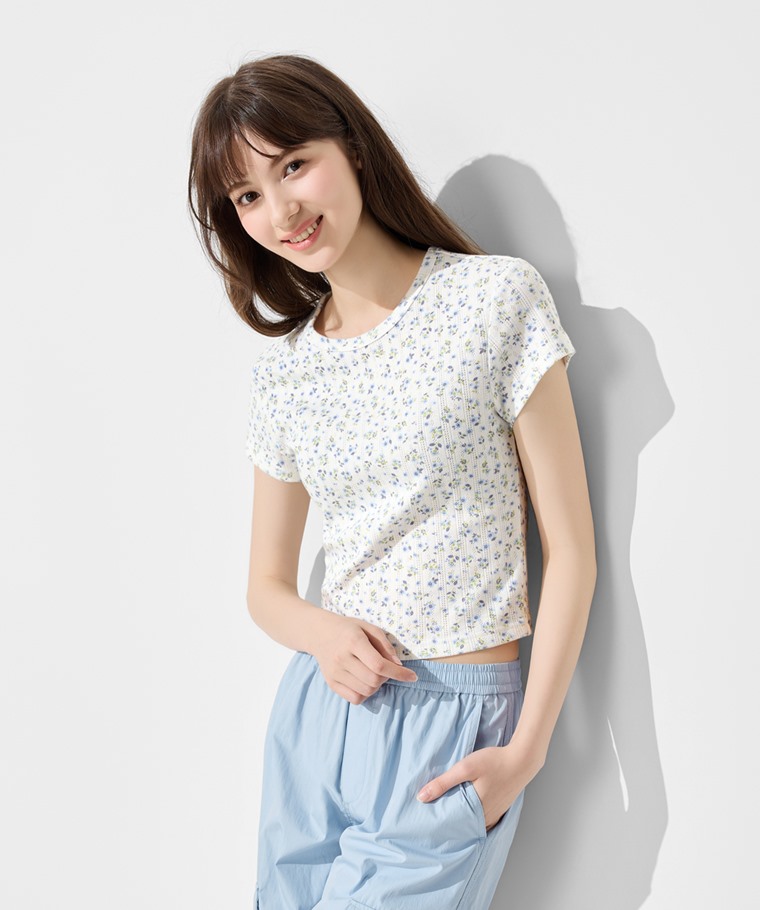 春夏女裝新品：女 · 羅紋提花小花短版T恤,女 · 輕便工裝束口褲