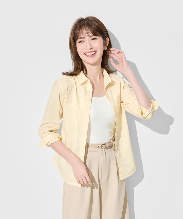 職場穿搭推薦：女 · 柔棉長袖襯衫,女 · Bra羅紋中短版背心,女 · 細版皮帶