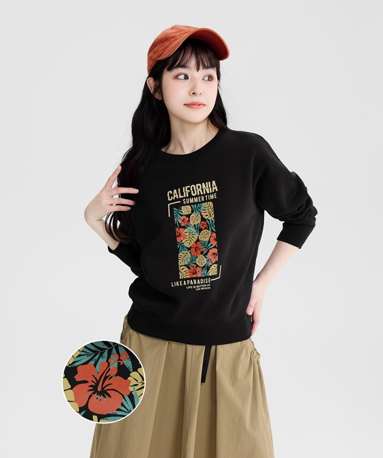 花卉圖框刷毛印花圓領衫-女