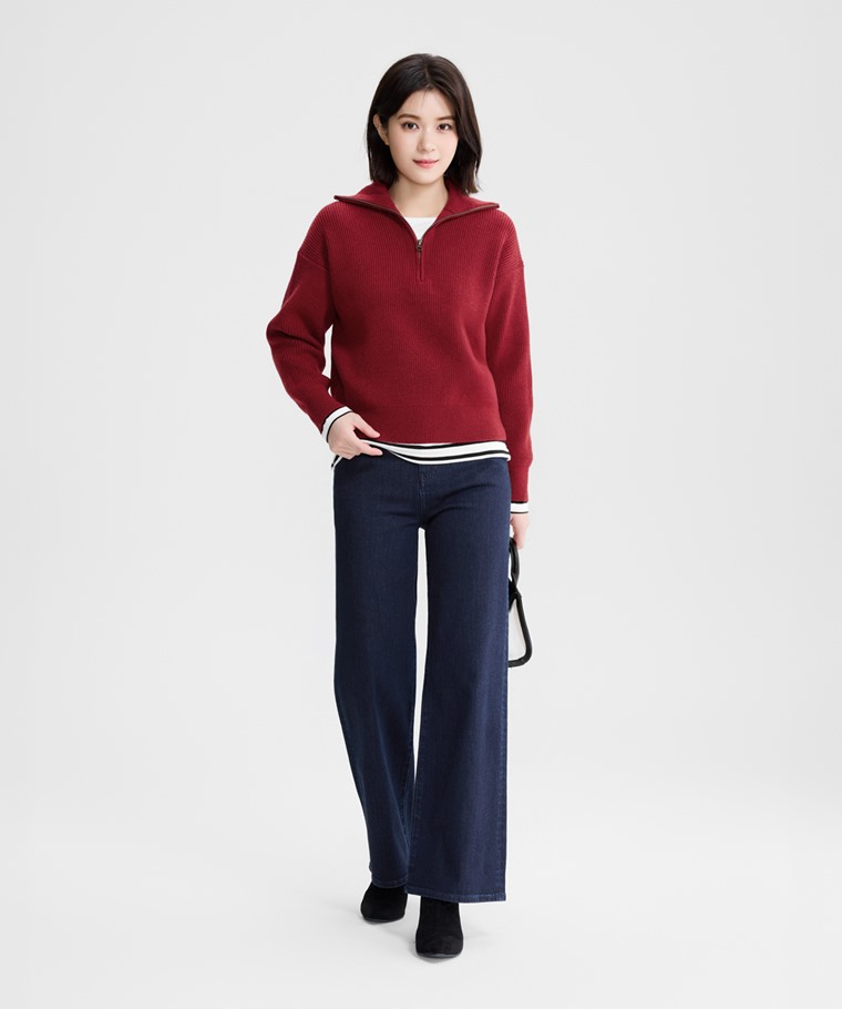 粗針半開襟拉鍊式毛衣-女