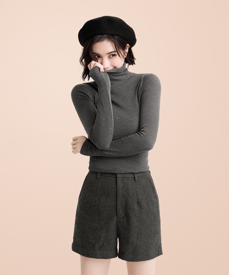 heatup無側縫羅紋高領長袖上衣-女