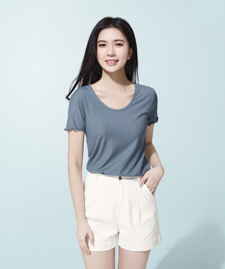 輕涼羅紋木耳邊短袖上衣-女