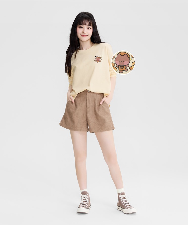 LINE FRIENDS minini寬短版落肩長袖印花T恤-03-女