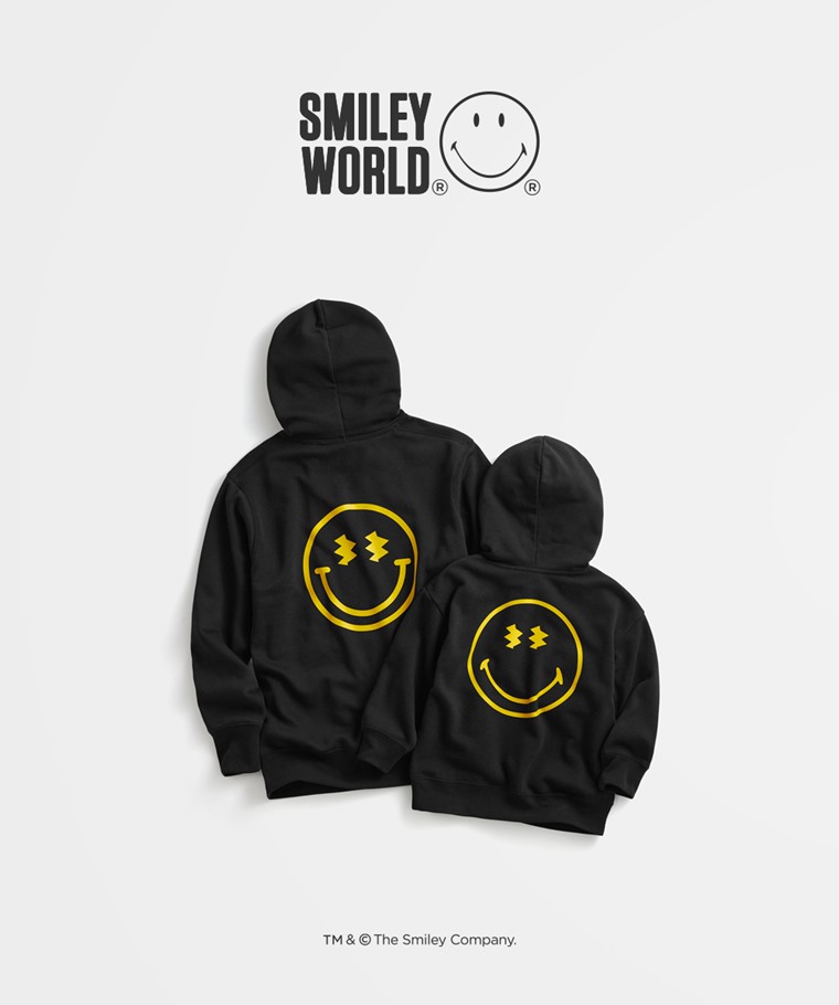 親子/情侶系列：男 · S.W.SMILEY®刷毛印花連帽衫-02,童 · SmileyWorld®毛圈寬版印花連帽衫-02