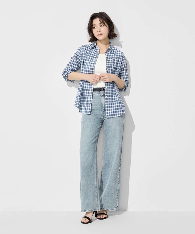 輕薄格紋長袖襯衫-女