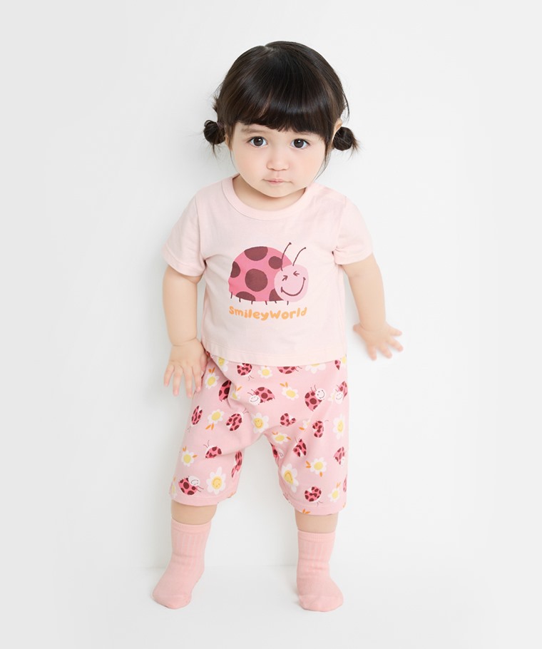 春夏嬰幼兒新品：Baby · SmileyWorld®純棉假兩件印花連身衣,Baby · 寬羅紋中筒襪(3入)