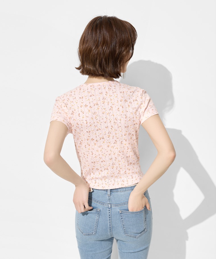 羅紋提花小花短版T恤-女