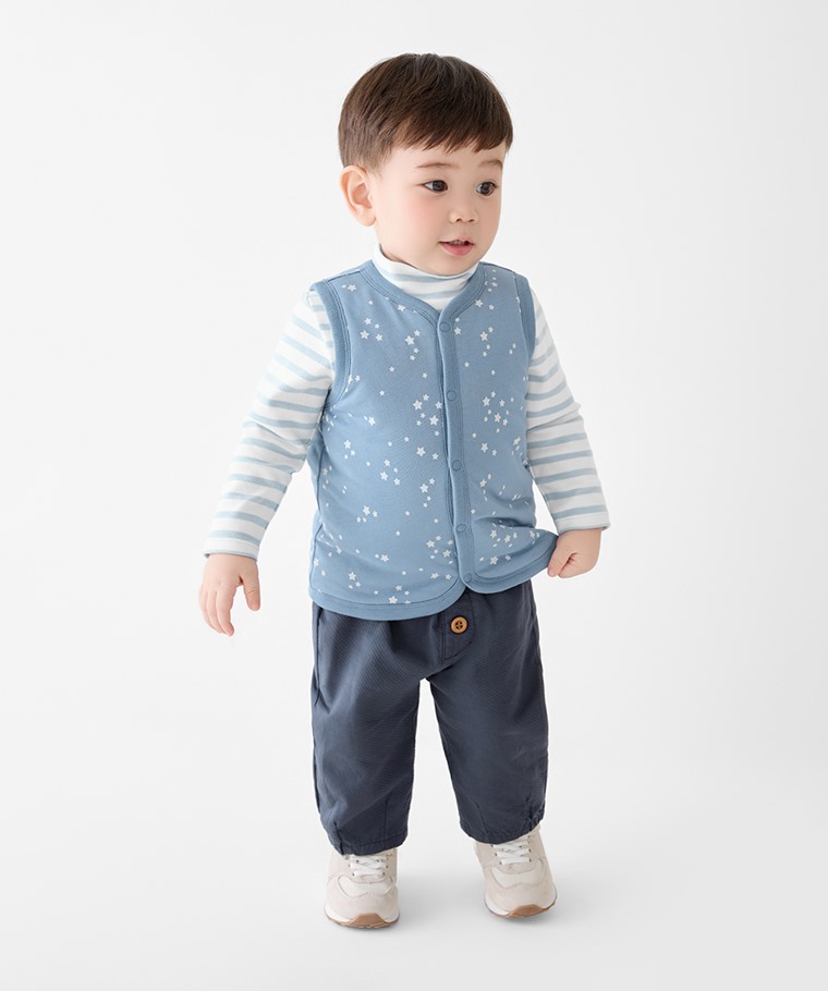 秋冬嬰幼兒新品：Baby · 鋪棉印花背心,Baby · 磨毛羅紋條紋立領T恤