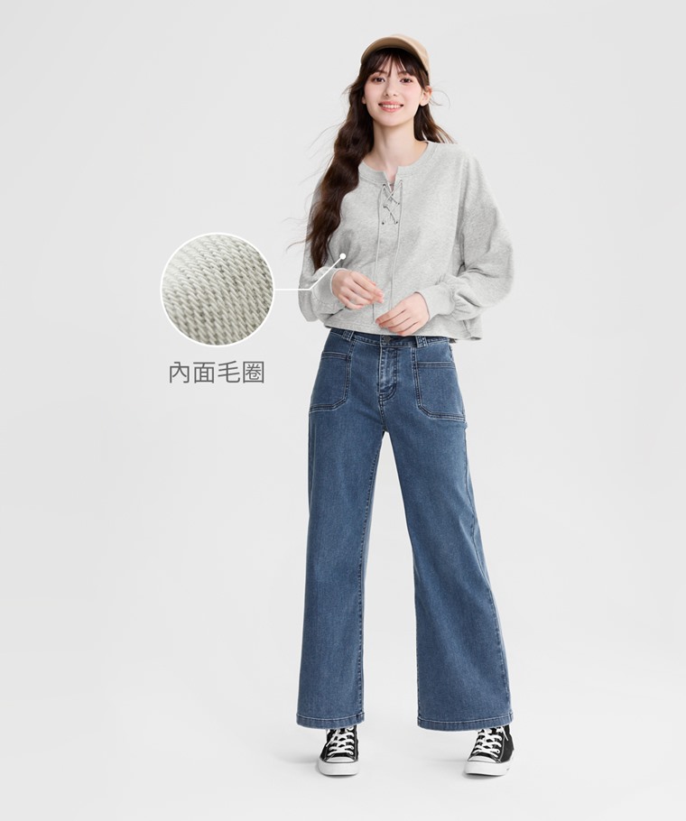 毛圈寬鬆短版繫帶上衣-女 - 內面毛圈織法，細緻柔軟，親膚舒適。