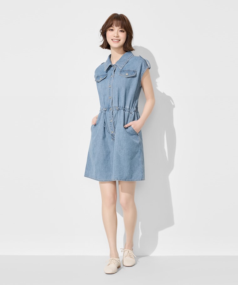 可調式腰圍牛仔短洋裝-女