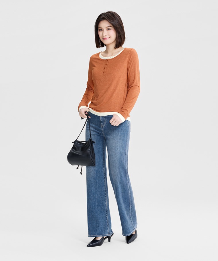 輕柔半開襟假兩件上衣-女