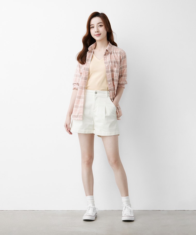 棉質羅紋V領T恤-女