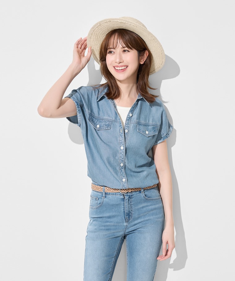 輕薄牛仔短袖襯衫-女