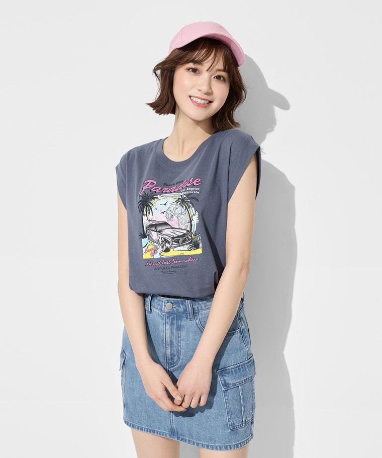 純棉寬版復古美式印花無袖上衣-女