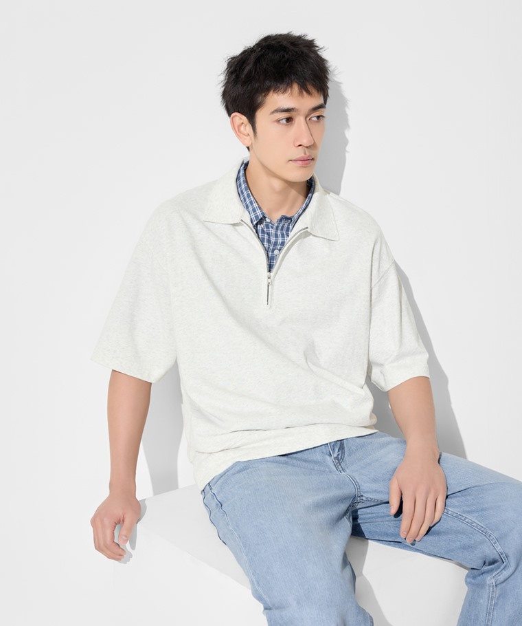 春夏男裝新品：男 · 粗紡半開襟五分袖寬版上衣,男 · 格紋短袖襯衫