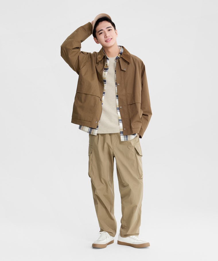 秋冬男裝新品：男 · 寬版工裝長褲,男 · 法蘭絨格紋長袖襯衫,男 · 素色踝襪(3入),男 · 華夫格圓領長袖T恤