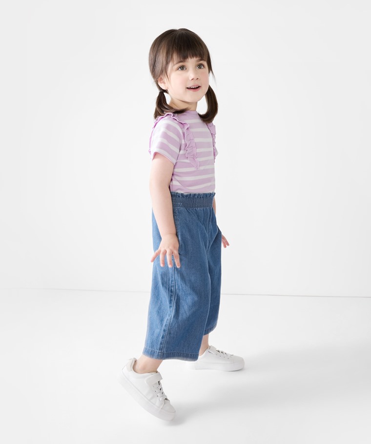 棉質羅紋條紋荷葉上衣-童