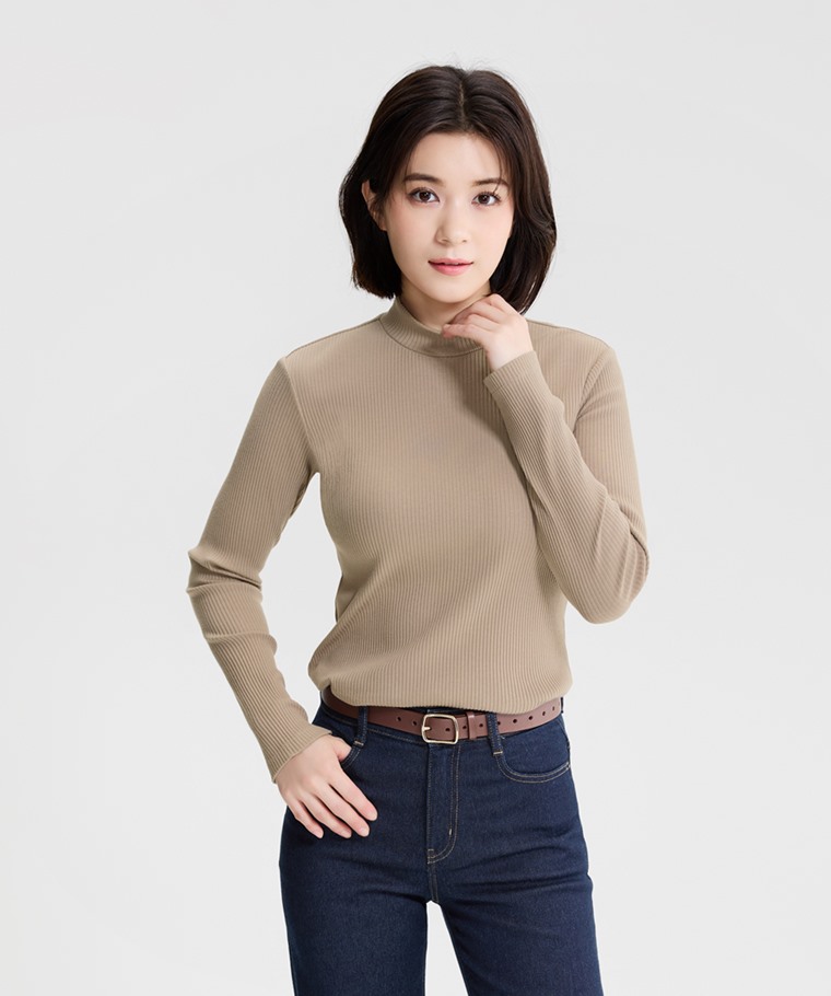 羅紋立領長袖T恤-女