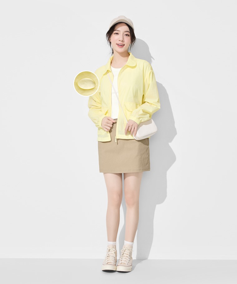抗UV翻領寬短版風衣外套-女