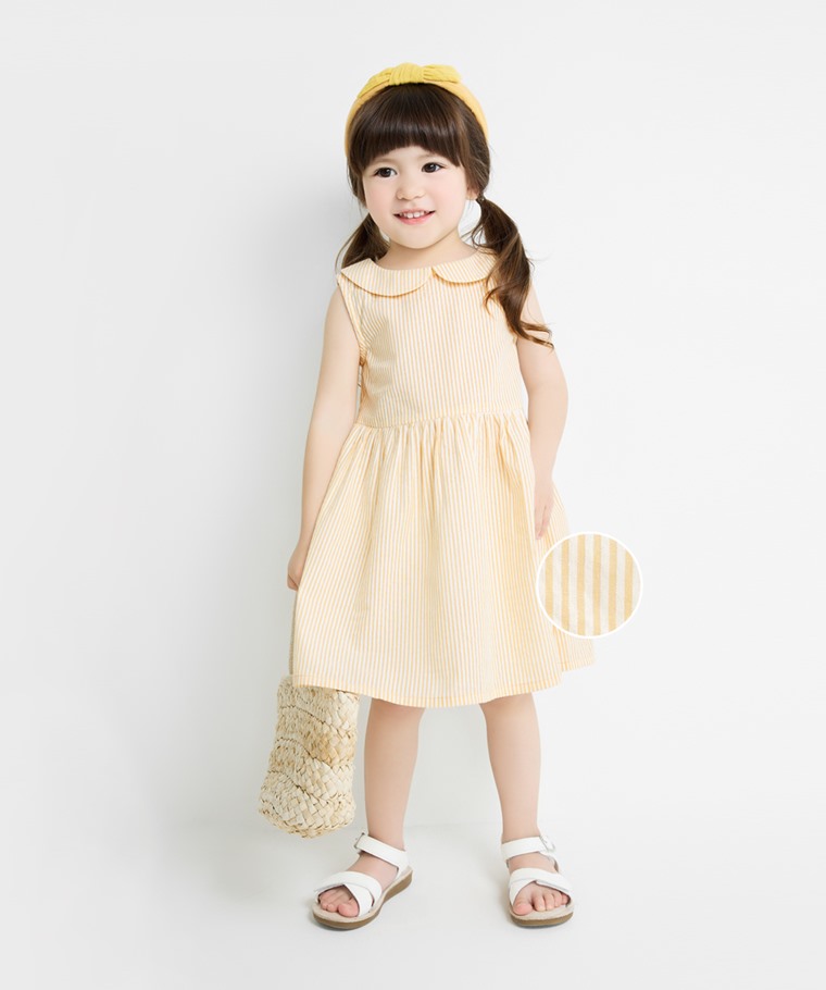 泡泡紗條紋小圓領無袖洋裝-童