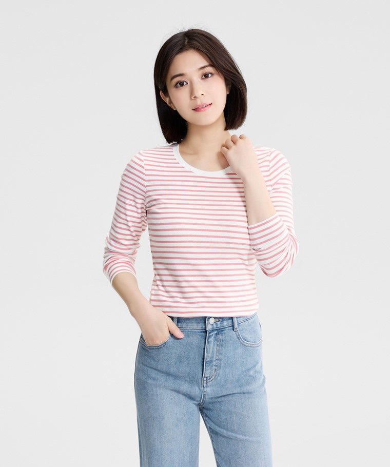 棉質羅紋條紋長袖T恤-女