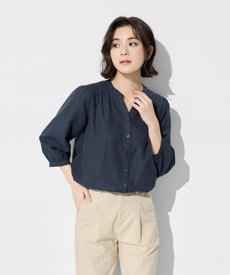 棉麻七分袖襯衫-女