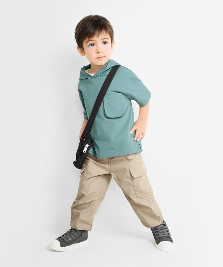 純棉寬版口袋連帽上衣-童