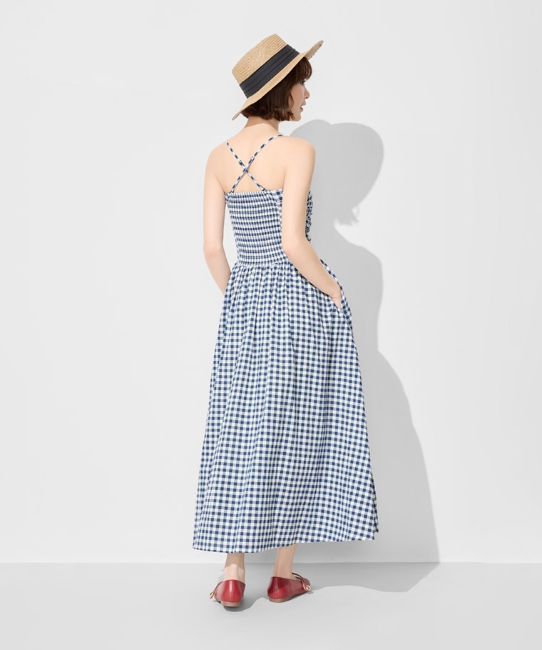 平口可拆式細肩帶格紋洋裝-女