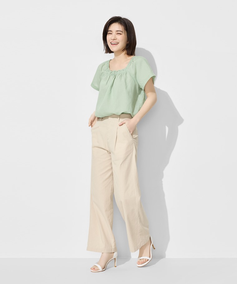 亞麻混紡方領寬版上衣-女