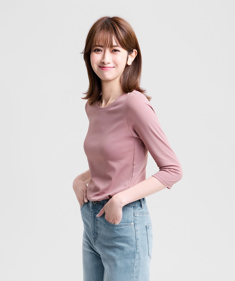 棉質羅紋圓領七分袖T恤-女