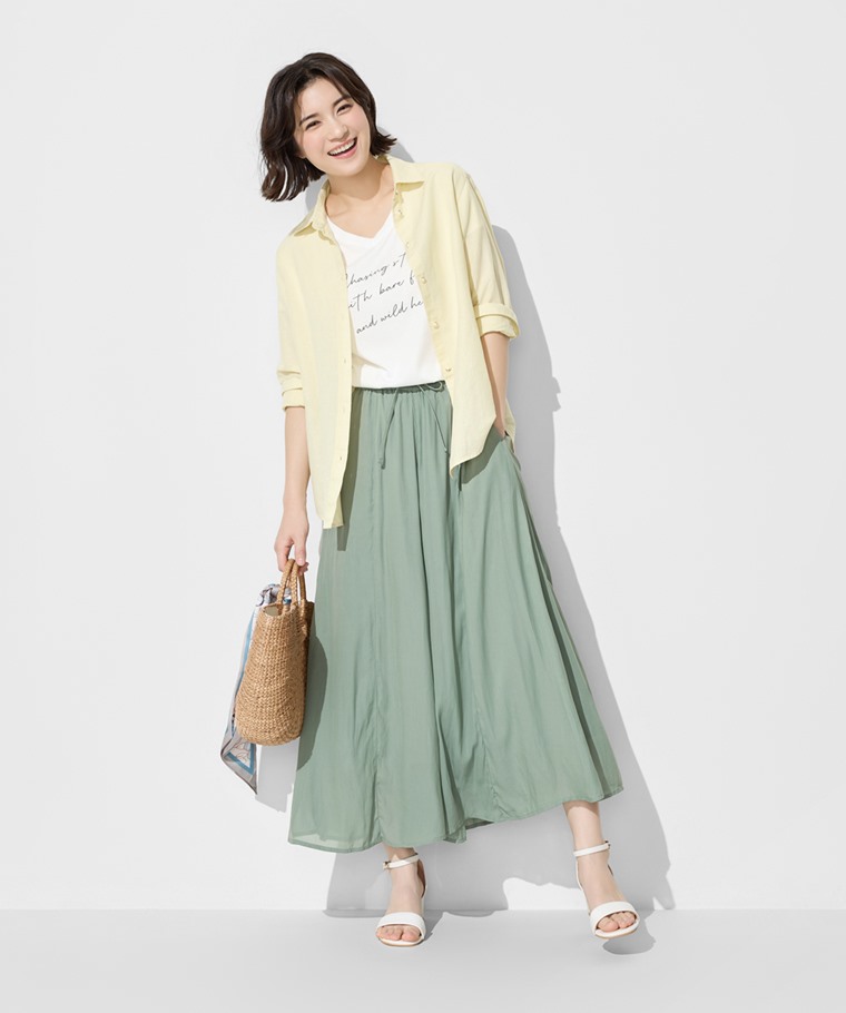 春夏女裝新品：女 · 海島絲寬襬褲,女 · 棉麻長袖襯衫,女 · 莫代爾V領文字上衣-01