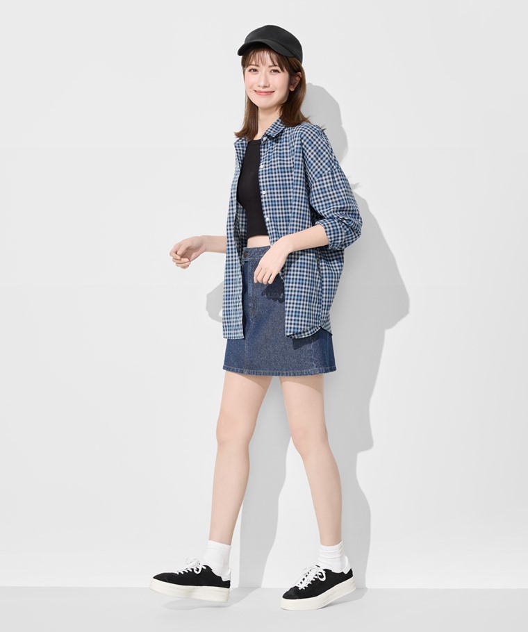 輕薄格紋寬版襯衫-女