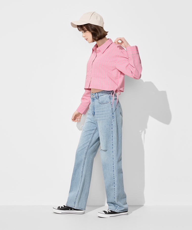 輕量高腰刷破落地牛仔褲-女