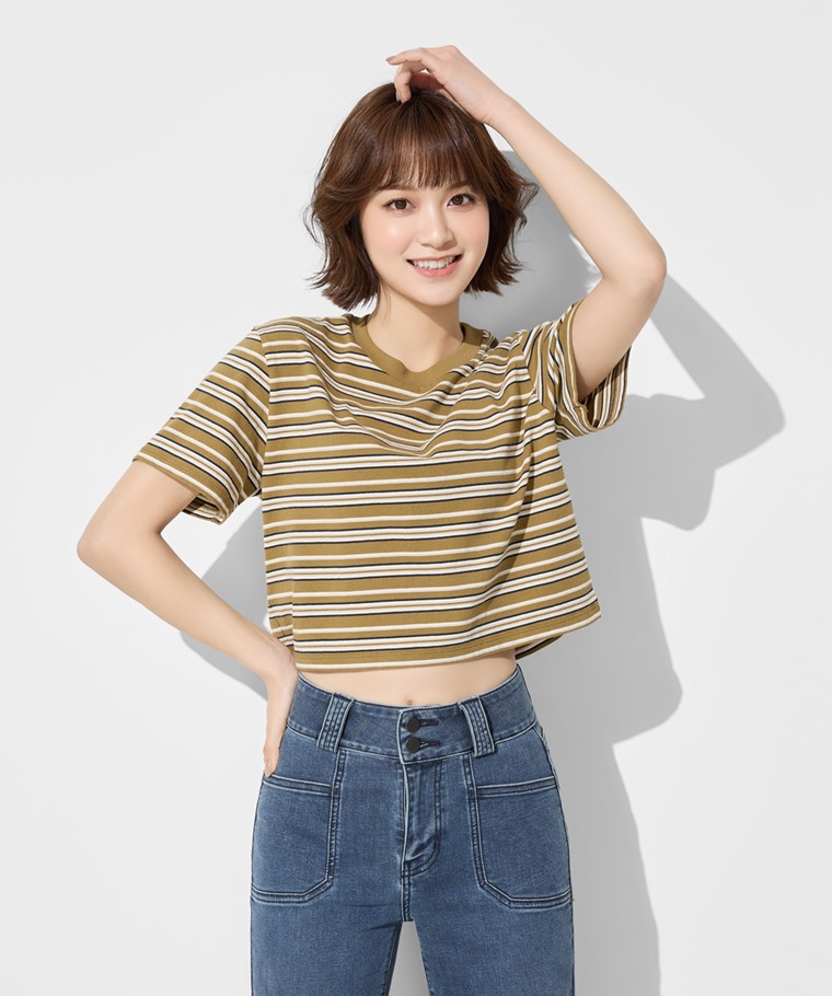 純棉短版條紋T恤-女