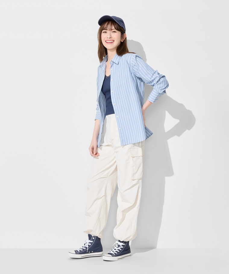 柔棉條紋長袖襯衫-女