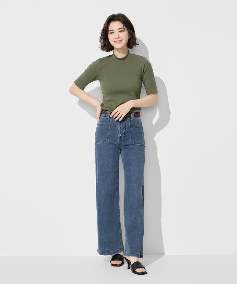 棉質羅紋立領五分袖T恤-女