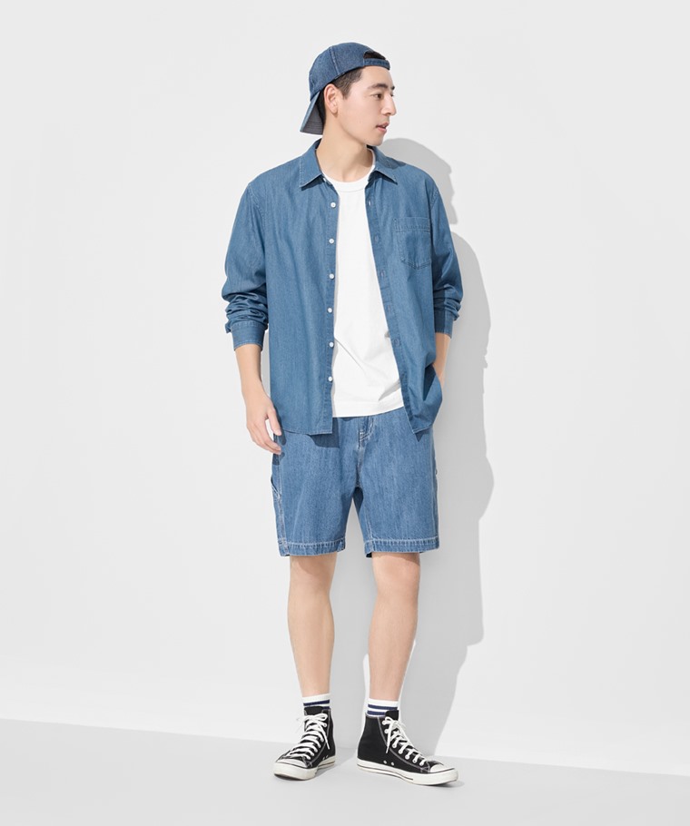春夏男裝新品：男 · 工裝牛仔短褲,男 · 毛圈羅紋配條中筒襪,男 · 粗紡寬版文字印花T恤-02,男 · 輕型牛仔長袖襯衫