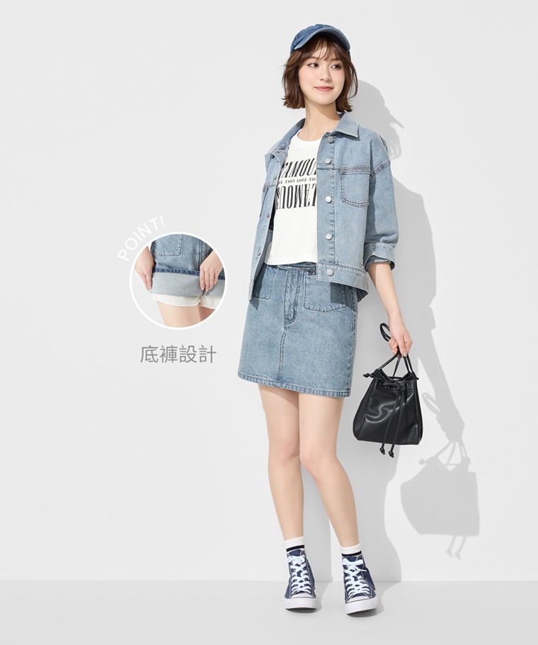 牛仔連褲短裙-女
