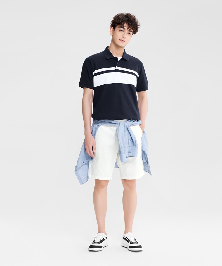夏日精選男裝：男 · 純棉網眼條紋polo衫,男 · 卡其短褲,男 · 棉麻長袖襯衫,男 · 純棉背心,男 · 素色踝襪(3入)